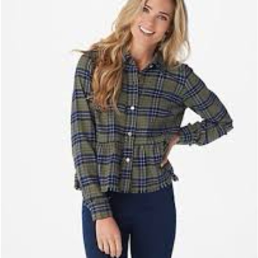 Rachel Hollis size 16 plaid peplum with raw edge and silver buttons
